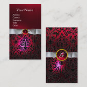 DAMASK MONOGRAMジェムレッドバーガンディーホワイトリボン 名刺 (正面/裏面)