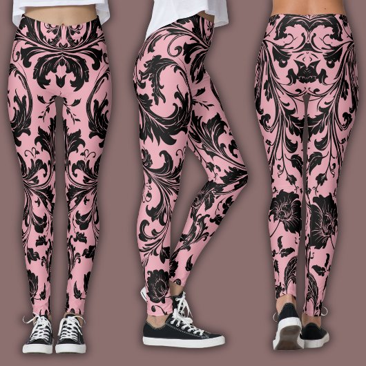 Damask Pattern | Black & Pink Blush  レギンス