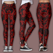 Damask Pattern | Black & Red Wine レギンス
