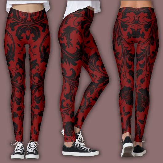 Damask Pattern | Black & Red Wine レギンス