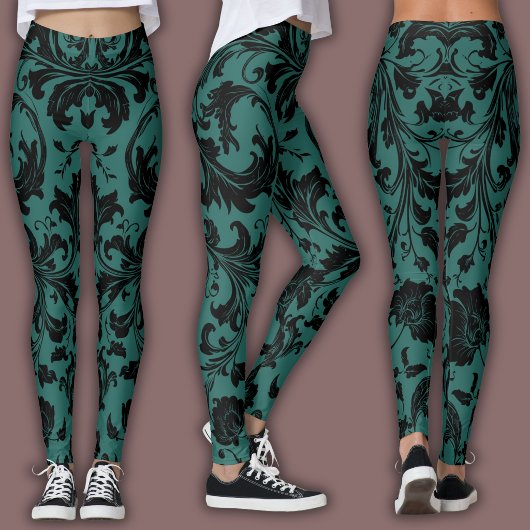 Damask Pattern | Black & Teal レギンス