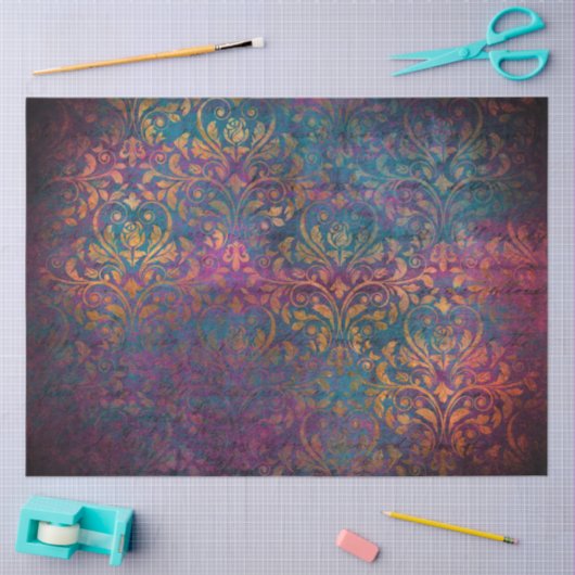 Damask & script elegant purple blue gold   薄葉紙 (クラフト)