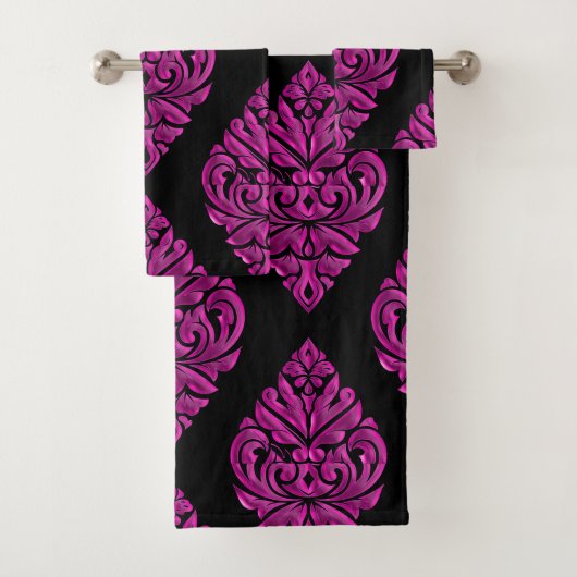 DamaskTowel黒いセットのショッキングピンク バスタオルセット (インサイチュ)