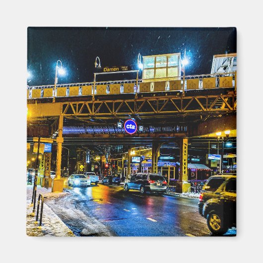 Damen CTA Station at Night マグネット (正面)