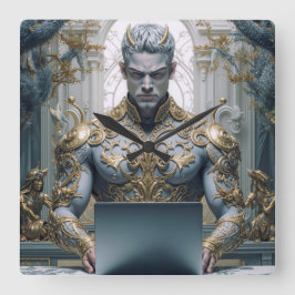 Dämonischer Krieger am Laptop Fantasy スクエア壁時計