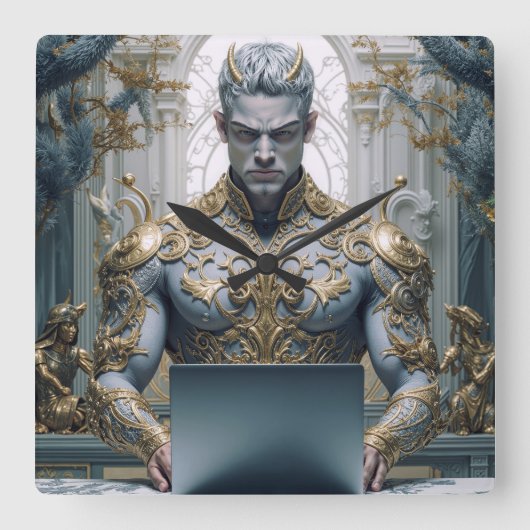 Dämonischer Krieger am Laptop Fantasy スクエア壁時計 (正面)