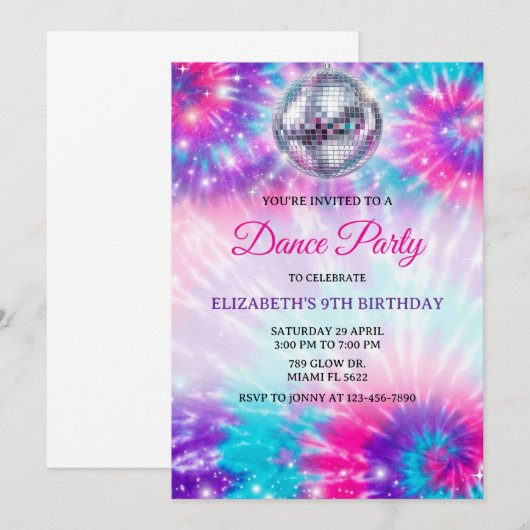 Dance Birthday Party Tie Dye Glow Dance Disco 招待状 (正面/裏面)