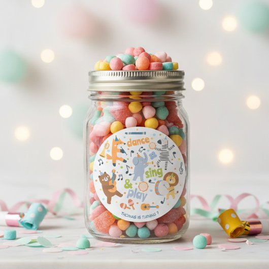 Dance sing and play kids birthday ラウンドシール