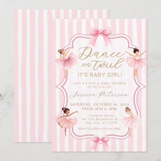 Dance & Twirl Pink Ballerina Ballet Baby Shower 招待状 (正面/裏面)