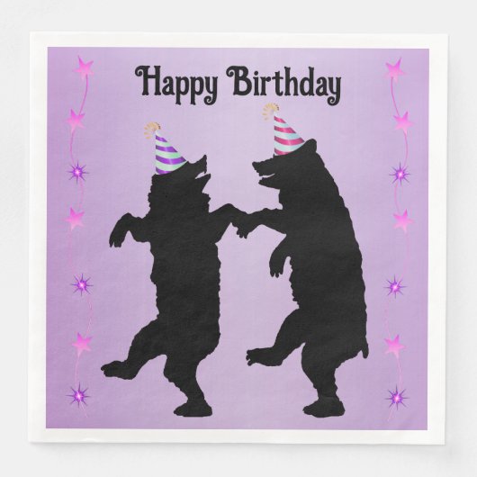 Dancing Black Bears Party Hats Stars on Purple (正面)