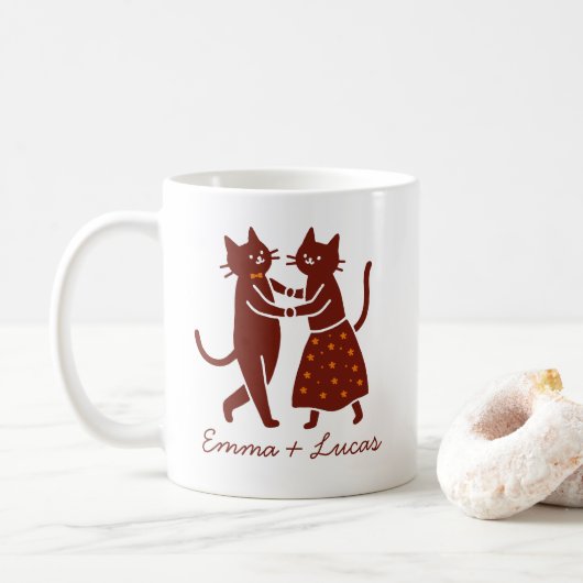 Dancing Cat Couple, Cute Wedding custom name コーヒーマグカップ (ドーナツ)