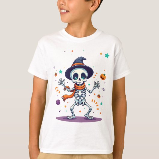 Dancing Halloween Skeleton Kids T-Shirt Fun Tシャツ (正面)