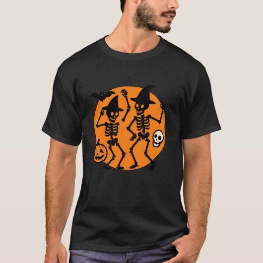 Dancing Skeletons Pumpkin Halloween Vibes Tシャツ (正面)