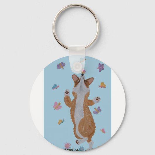 Dancing Welsh Corgi with Butterflies キーホルダー (正面)