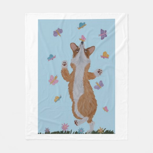 Dancing Welsh Corgi with butterflies フリースブランケット (正面)