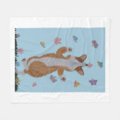 Dancing Welsh Corgi with butterflies フリースブランケット (正面(横))