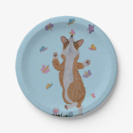 Dancing Welsh Corgi with Butterflies ペーパープレート