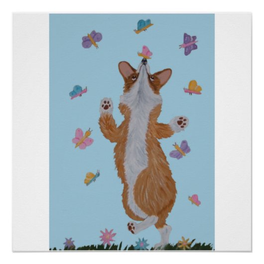 Dancing Welsh Corgi with butterflies ポスター (正面)
