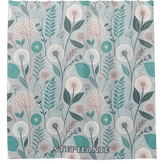 Dandelionとお洒落フローラフォークアートシームレス(2) シャワーカーテン (正面)