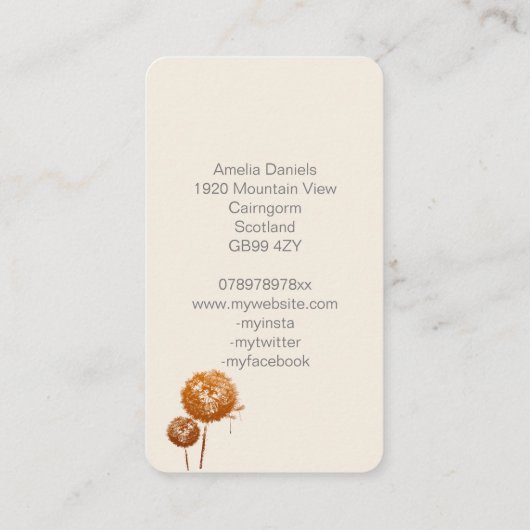 Dandelionエレガント時計オンクリームビジネスカード 名刺 (裏面)