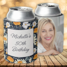 Dandelionデイジーネイビーブルー誕生日名写真 缶クーラー