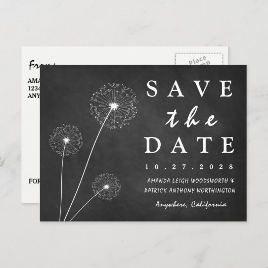 Dandelion Chalkboard国日付カードを保存 案内ポストカード (正面/裏面)