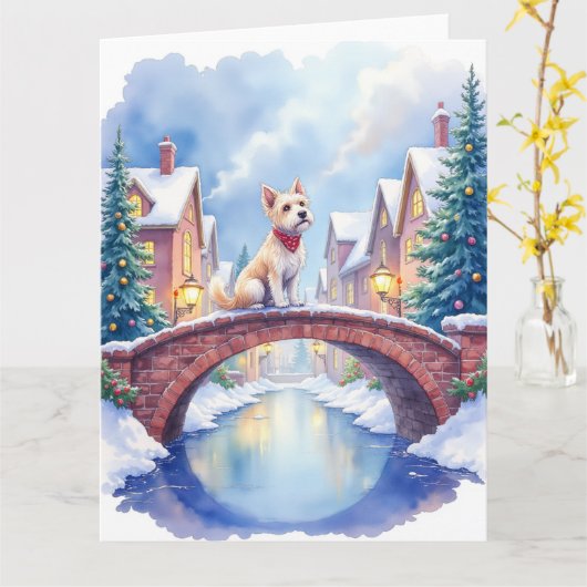 Dandie Dinmont Terrier Village Bridge Christmas カード (黄色い花)