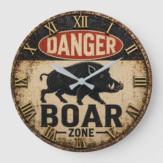 Danger Boar Zone Funny Wild Boar Hunter Gift ラージ壁時計 (正面)