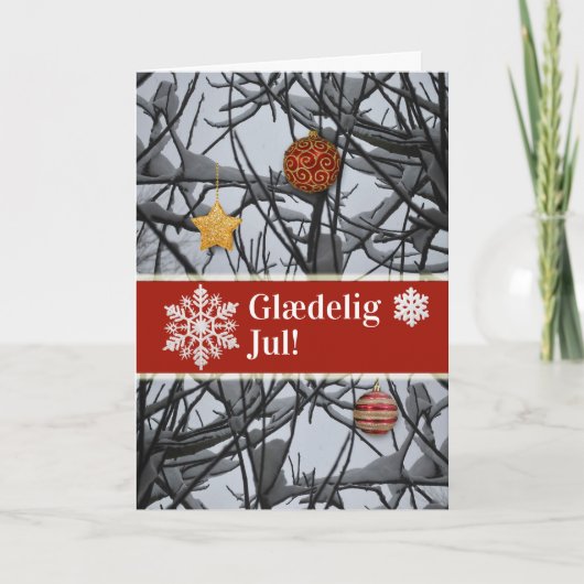 Danish Christmas Ornaments on Snowy Branches シーズンカード (正面)