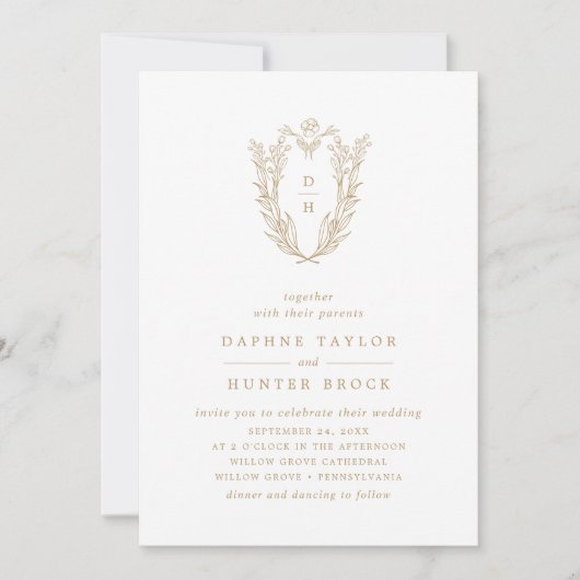 DAPHNEクレスト金ゴールドホワシンプルイト結婚ボタニカル 招待状 (正面)