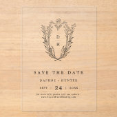 DAPHNEフローラモノグラムブラックウェディング日付を保存 アクリル招待状 (正面)