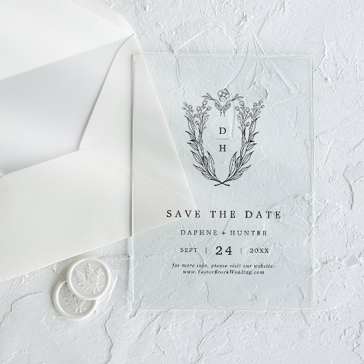DAPHNEフローラモノグラムブラックウェディング日付を保存 アクリル招待状