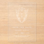 DAPHNEフローラモノグラムホワイトウェディング日付を保存 アクリル招待状 (正面)