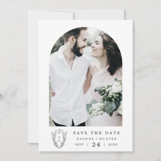 DAPHNE白黒フローラクレストミニマル結婚リスト セーブザデート (正面)