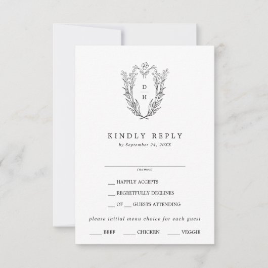 DAPHNE白黒伝統的ウェディングRSVPカード 出欠カード (正面)