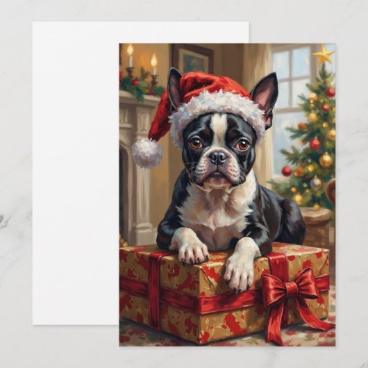 Dapper Boston Terrier Dog Christmas Gift シーズンカード (正面/裏面)