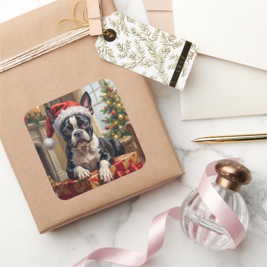 Dapper Boston Terrier Dog Christmas Gift スクエアシール (ギフト)