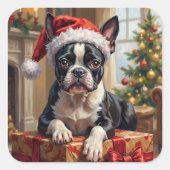 Dapper Boston Terrier Dog Christmas Gift スクエアシール (正面)