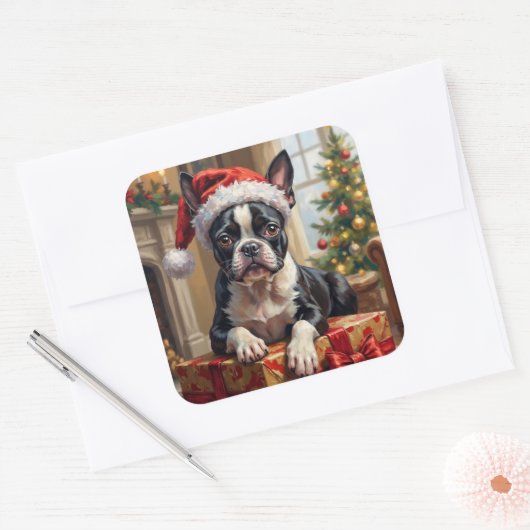 Dapper Boston Terrier Dog Christmas Gift スクエアシール (封筒)