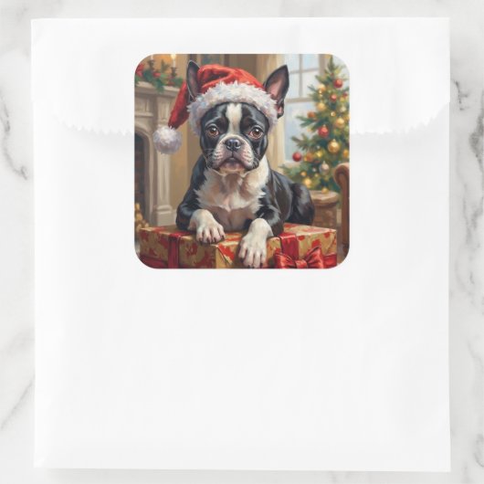 Dapper Boston Terrier Dog Christmas Gift スクエアシール (バッグ)