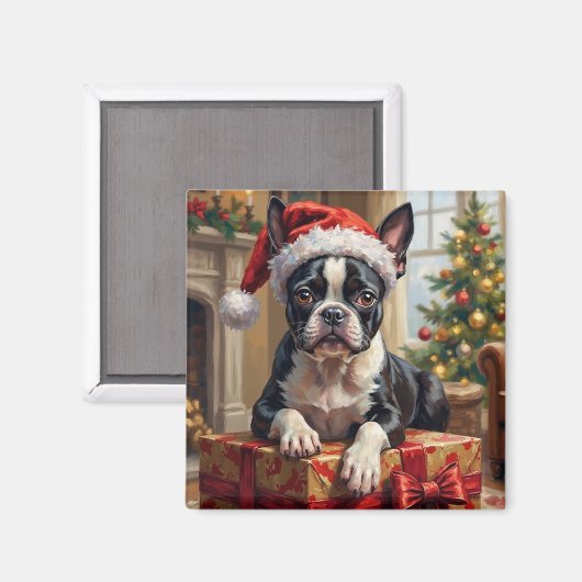 Dapper Boston Terrier Dog Christmas Gift マグネット (正面/裏面)