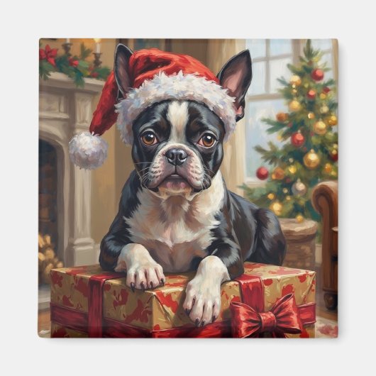 Dapper Boston Terrier Dog Christmas Gift マグネット (正面)