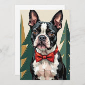 Dapper Boston Terrier Tuxedo Modern Christmas Art シーズンカード (正面/裏面)