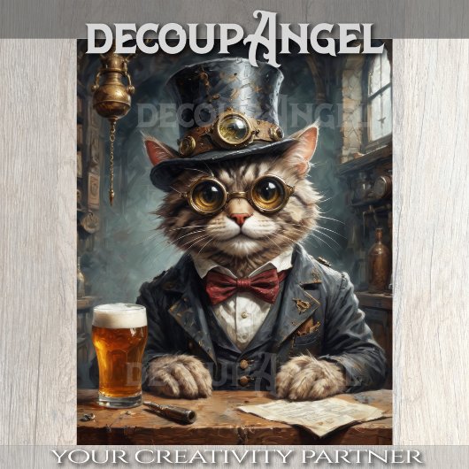Dapper Cat飲みビール – Decopage - 薄葉紙
