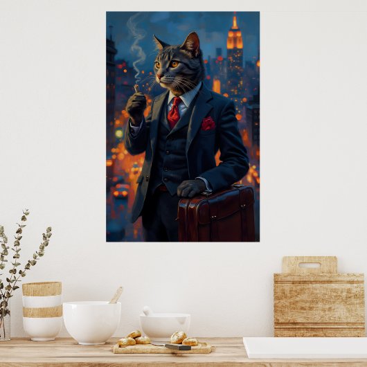Dapper Cat in Suit Funny Animal Portrait ポスター (キッチン)