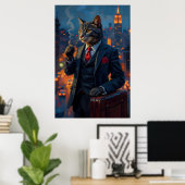 Dapper Cat in Suit Funny Animal Portrait ポスター (ホームオフィス)