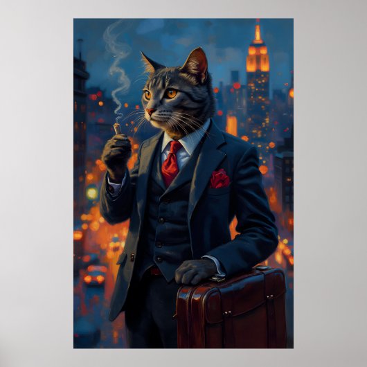 Dapper Cat in Suit Funny Animal Portrait ポスター (正面)