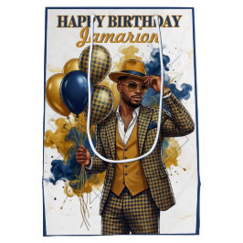 Dapper Gentleman Mustard and Navy Birthday ミディアムペーパーバッグ