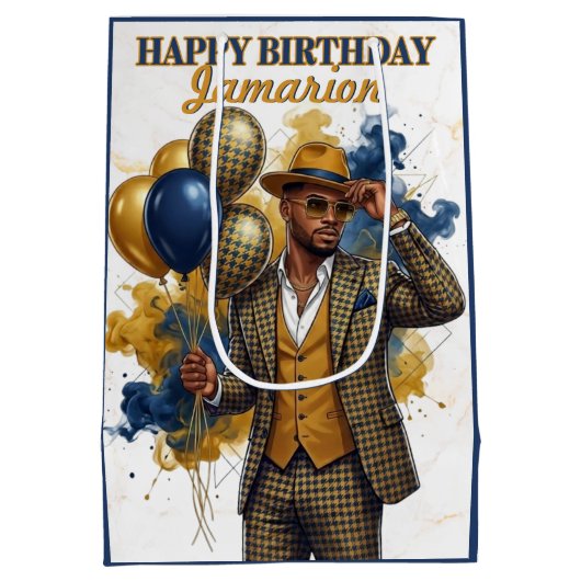 Dapper Gentleman Mustard and Navy Birthday ミディアムペーパーバッグ (裏面)