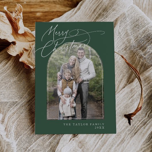 DARCYグリーンアーチファミリークラシックフォトクリスマス シーズンカード